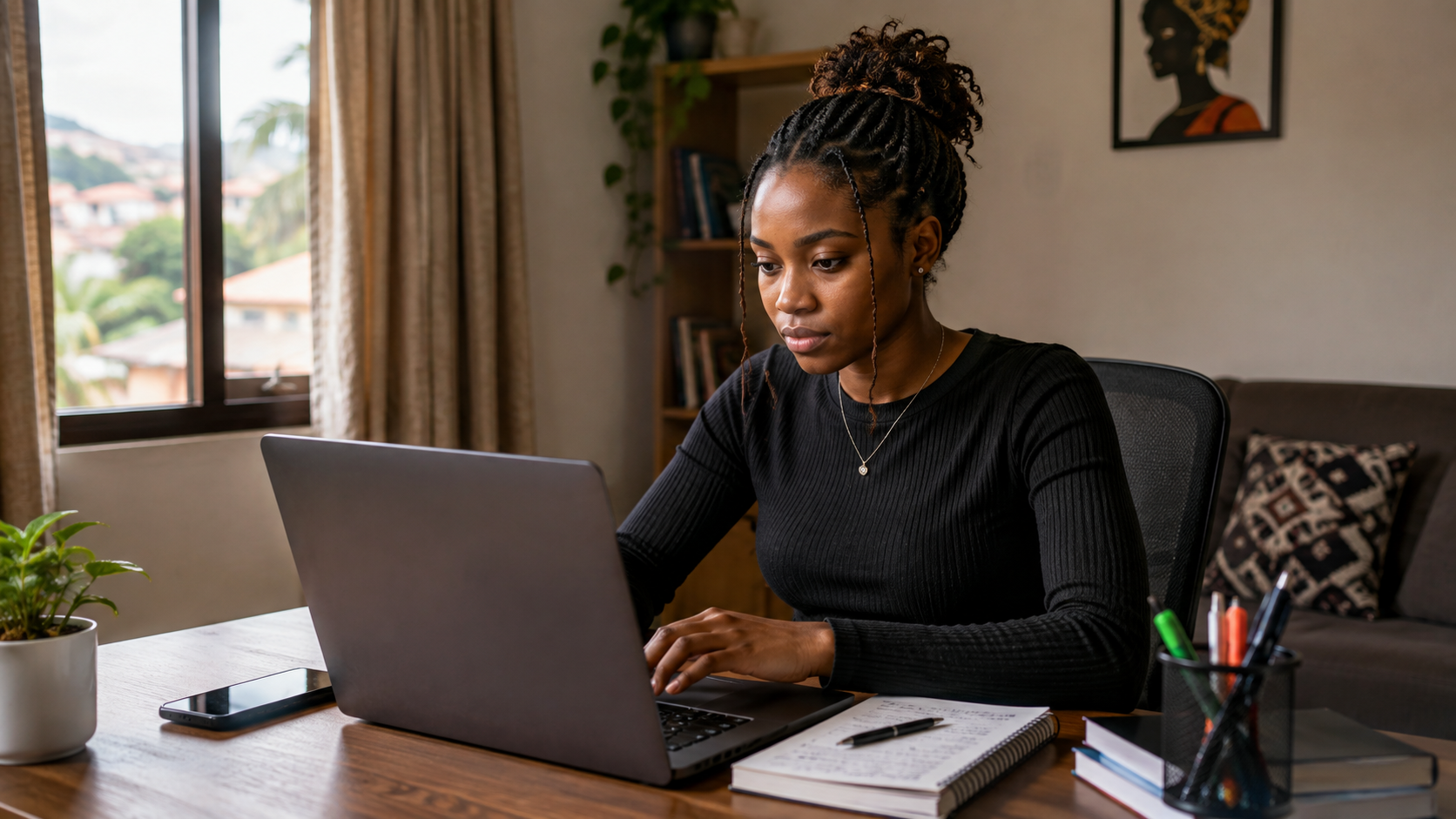 Nigerian graduate working from home on a laptop