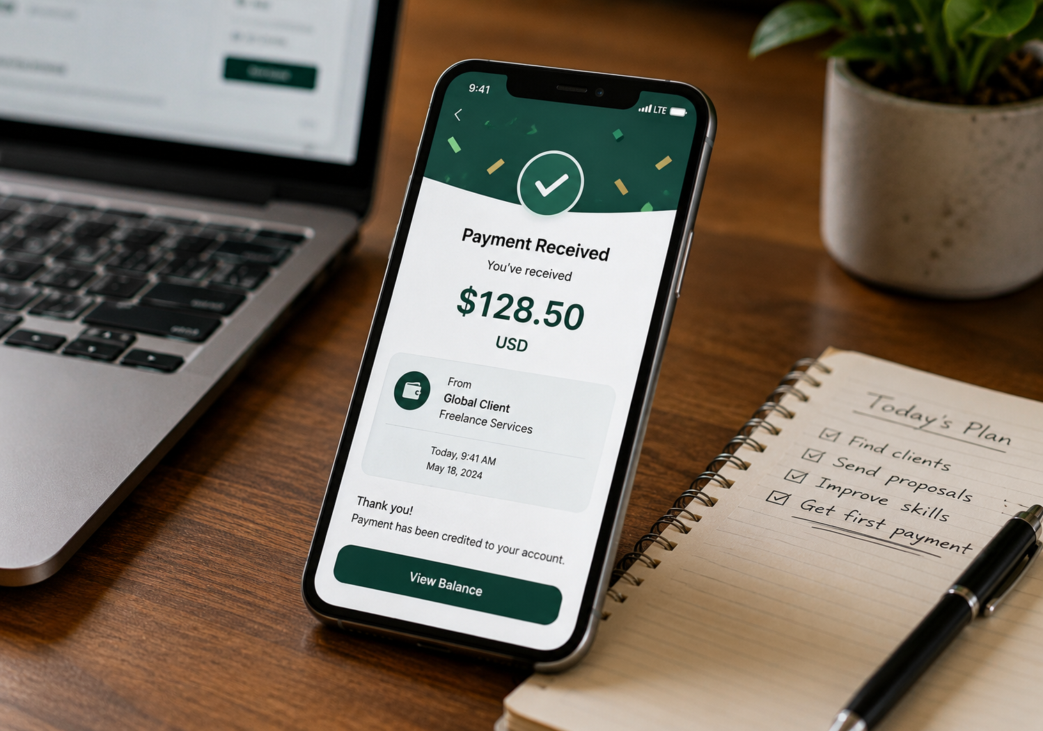 Screenshot of a first dollar payment received
